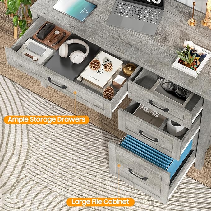 Vabches Farmhouse 47 Executive Desk with 4 Drawers Computer Desk with File Drawer and Charging Station Workstation for Home Office Study.（Grey）
