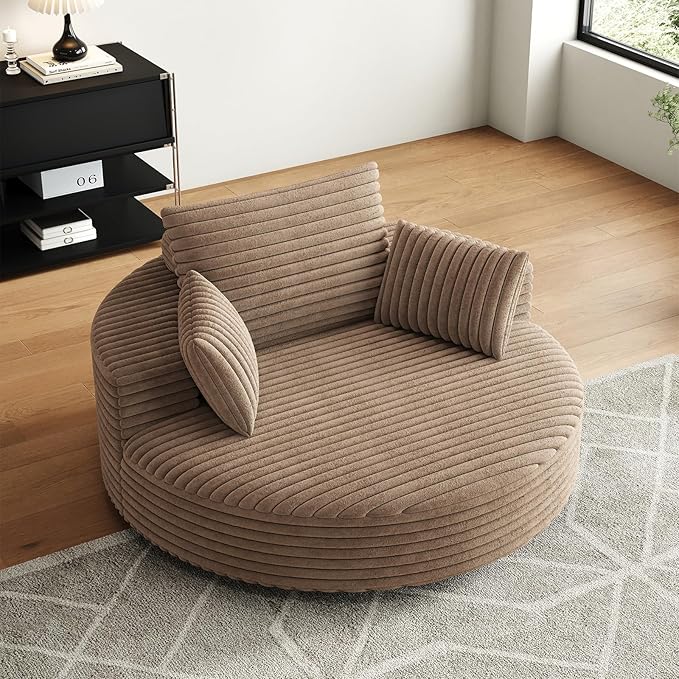 55 inch 360° Swivel Accent Chair Chaise Lounge Chair Indoor Oversized Round Swivel Accent Chair Modern Corduroy Single Sofa Chair Deep Seat Chair for Living Room Bedroom Apartment Brown