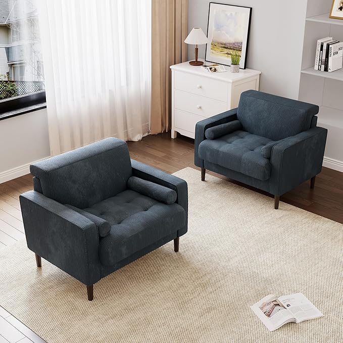 34.5 Arm Chair Set of 2 Corduroy Fabric Modern Accent Chairs Comfy Upholstered Armchair Reading Chair with Solid Wood Legs for Living Room Bedroom Office Navy Blue
