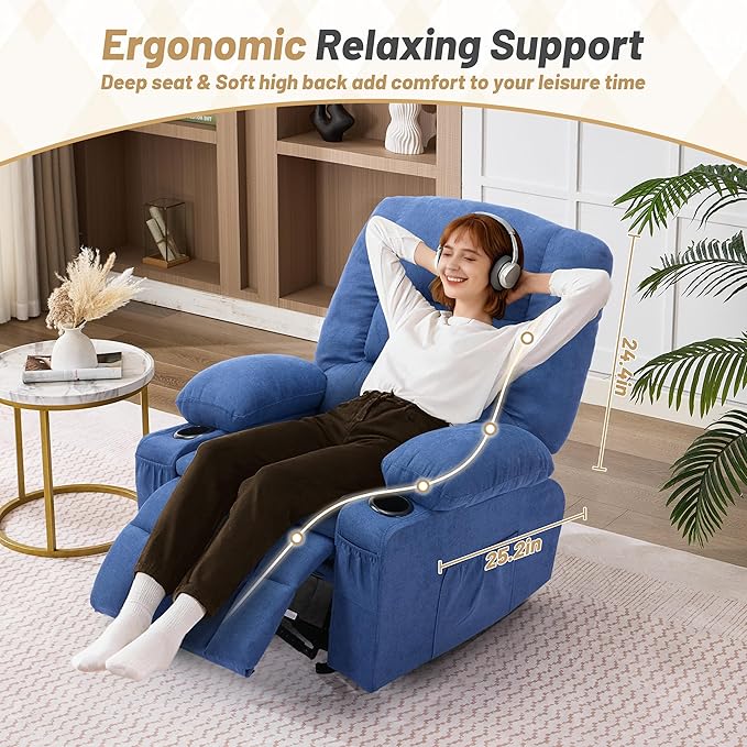 Rocker Recliner Chair with Massage and Heat Nursery Rocking Chairs for Living Room Recliner Chair for Adults Ergonomic Comfy Relining Chair with Cup Holders USB Charge Port Side Pockets Blue