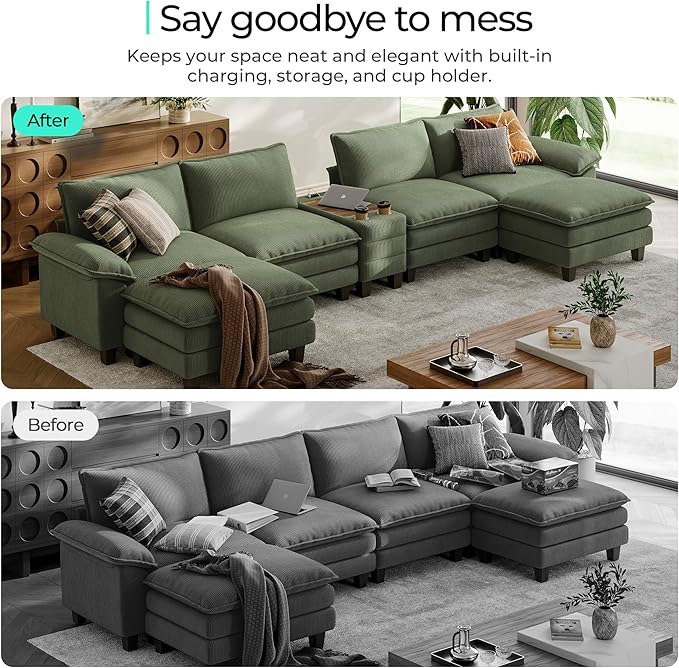 LINSY HOME Modular Sectional Sofa for Living Room Corduroy Cloud Couch with Storage Console USB Charging Cup Holders Comfy Modern Modular Cloud Couches with Movable Ottoman (Green)