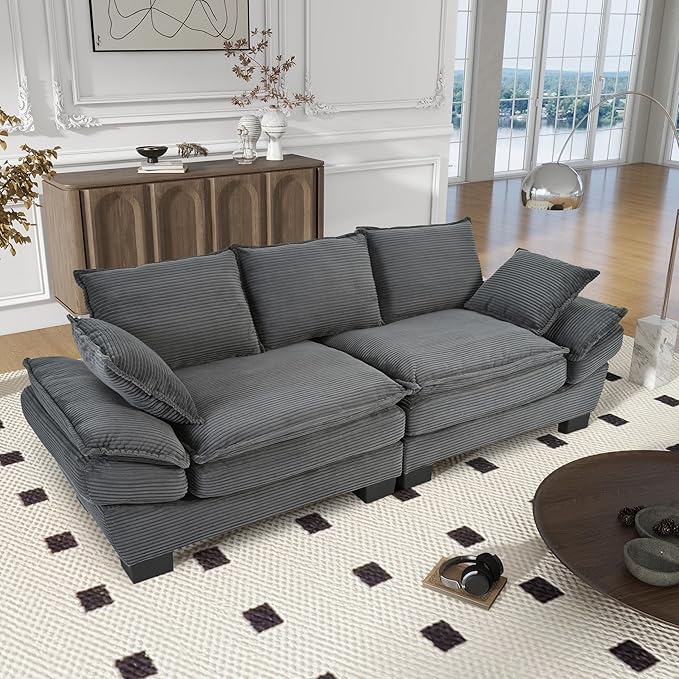 Merax 85.4 Modern Curved Corduroy Fabric Sofa Back Upholstered Couch with 2 Decorative Throw Pillows for Living Room Bedroom Apartment Gray