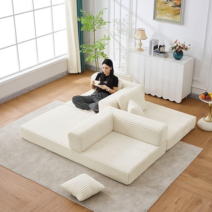 79.5 Folding Convertible Sofa Bed with Side Storage Pockets 4-in-1 Corduroy Boneless Couch No Assembly Loveseat Sleeper Floor Sofa Daybed Futon Couch for Living Room Bedroom Lounge Beige Upgraded