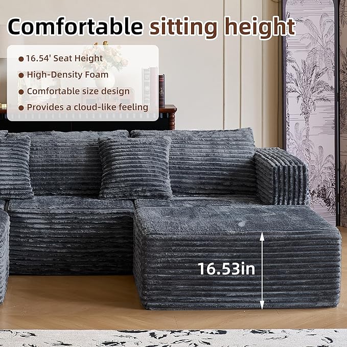 110 Modular Sectional Couch with 2 Movable Ottoman Cloud Sofa Couches for Living Room U Shaped Deep Seat Boneless SofaLuxury Corduroy Fabric No Assembly Required Grey