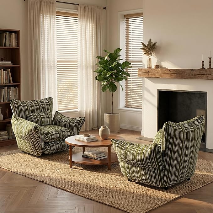 Chenille Accent Chair with Lumbar Pillow Green Stripe Wide Armrests Deep Seat 7 Inch High-Density Foam 350 lbs Capacity
