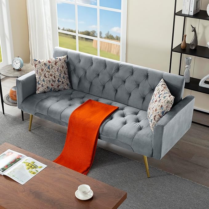 68.5” Futon Sofa Bed Convertible Futon Couch with Adjustable BackrestFolding Sofa Bed with 2 Pillows &amp Metal Legs Sleeper Loveseat with Armrest for Home Office (Dark Gray)