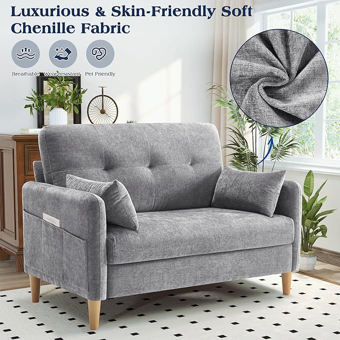 Hanherry Loveseat Sofa 47” Small Couch for Living Room Comfy Chenille Fabric Love Seat for Bedroom with Throw PillowRemovable Cushion CoverCouches for Small SpaceApartmentDorm