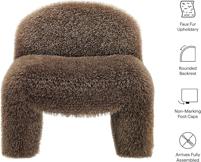 Modway Mina Faux Fur Accent Chair in Brown -Furry Slipper Lounge Chair for Bedroom Or Living Room
