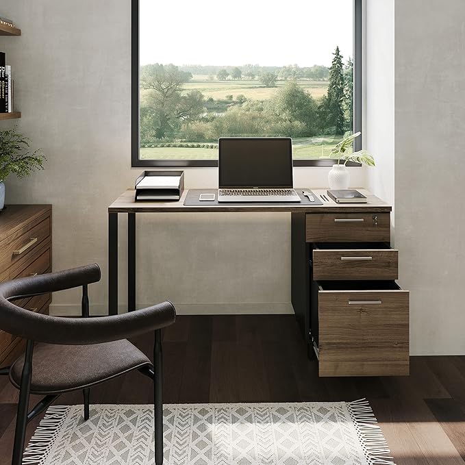 Modern Design Milano Office Computer Desk with 3 Locking Drawers 48 Inch Walnut and Black Industrial Wood Desk with Filing Drawer and Storage by Crafts and Comfort