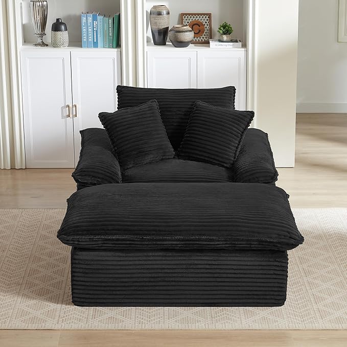 Oversized Chaise Lounge Chair Boneless Sofa Couch Upholstered Lounge Sofa Chair with Ottoman Indoor Corduroy Deep Seat Sleeper Chair for Living Room No Assembly Required Black
