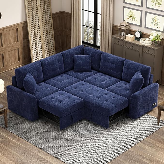 Velvet Fabric L-Shape Reversible Sleeper Sectional Sofa Couch 2 in 1 Pull Out Convertible Sofa Bed with Wheels and USB Ports for Living Room Apartment Office (Navy Blue-SFB)