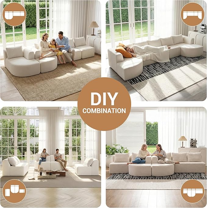 144 Modular Sectional Sofa No Assembly Required U-Shaped Cloud Couch with Chaise Modern Curved Boneless Sofa in Luxurious Boucle Fabric Deep Seats Memory Foam (White) | Zero-Assembly Design Clou