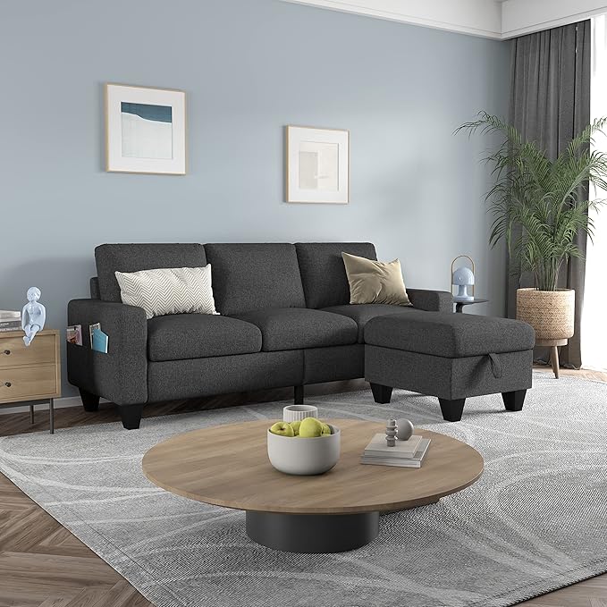 78'' Convertible Sectional Sofa Couch: Dark Grey 3 Seat L-Shaped Sofa Couches with Storage Ottoman and Pockets - Modern Linen Upholstered Sofa Couch Sets for Living Room Office Apartment Small Space