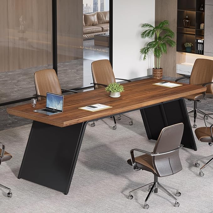 Tribesigns 79” Double Desk for Two People Extra Long Computer Desk with Walnut Wood Top &amp Black Metal Base Heavy Duty 2 Person Home Office Writing &amp Gaming Table
