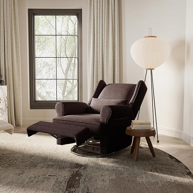 Nursery Glider Recliner Comfy Upholstered Glider Chair with Lumbar Pillow and Footrest Swivel Rocking Chair for Bedroom Living Room Brown