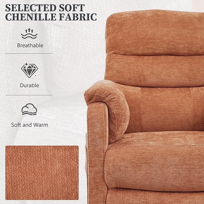 Power Recliner Sofa Electric Recliner Chair with Remote Side Pocket and Adjustable Backrest 350 LBS Soft Chenille Fabric Armchair for Living Room Bedroom Orange