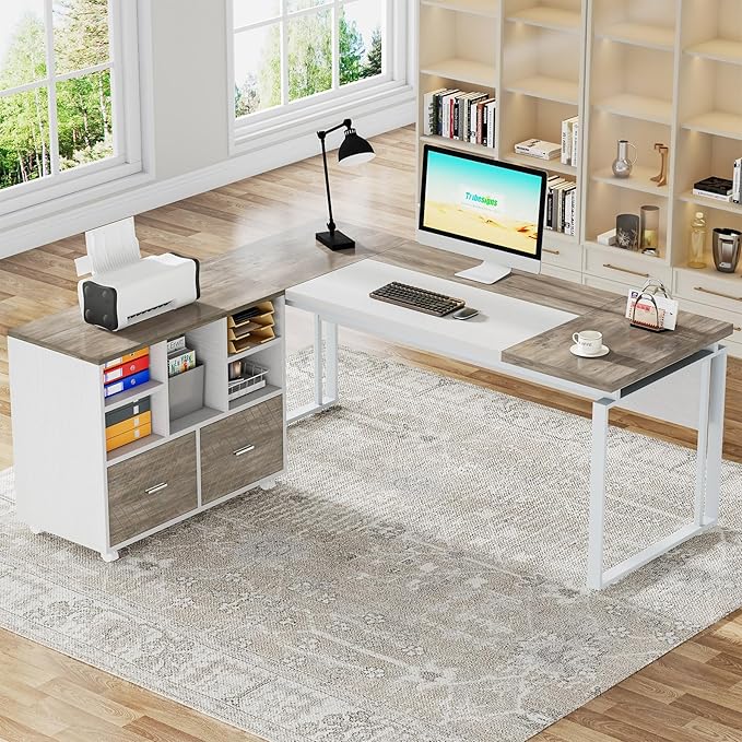 Tribesigns L-Shaped Executive Desk with Reversible File Cabinet 63 Office Desk with Storage Drawers L-Shaped Computer Desk with Drawer Cabinet for Hanging Letter Size FilesGray &amp White