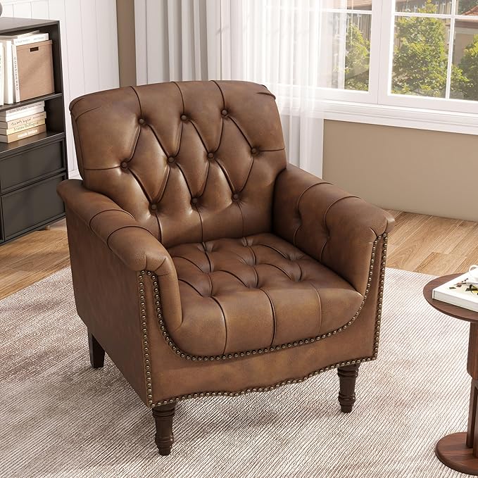 Faux Leather Accent Chair Modern Armchair Club Chair with Nailhead Trims &amp Wood Legs for Living Room Upholstered Comfy Arm Chair Side Chair for Office Bedroom-Brown