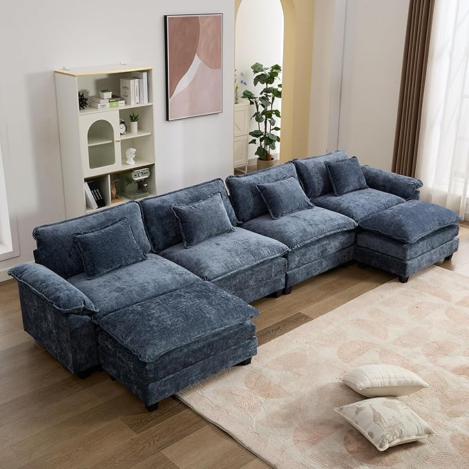 IPKIG 154 Modular Sectional Sofa Cloud Couch Chenille Large U-Shaped Couch Comfy Upholstered 4-Seat Sofa with 2 Ottoman 4 Lumbar Pillow Deep Seat Sofa for Living Room (Blue)