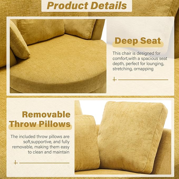 Swivel Accent Barrel Chairs with Storage Ottoman Chaise Lounge Indoor with Removable Headrest Oversized Sofa Chair for Living Room Chenille Mustard