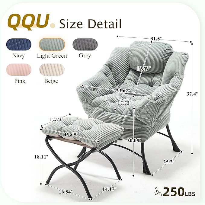 QQU Lazy Lounge Chair with Ottoman Plush Reading Armchair with Footrest &amp Side Pocket Indoor Accent Chair and Ottoman Set for Living Rooms Bedrooms Small Spaces Dorms Apartments Light Green