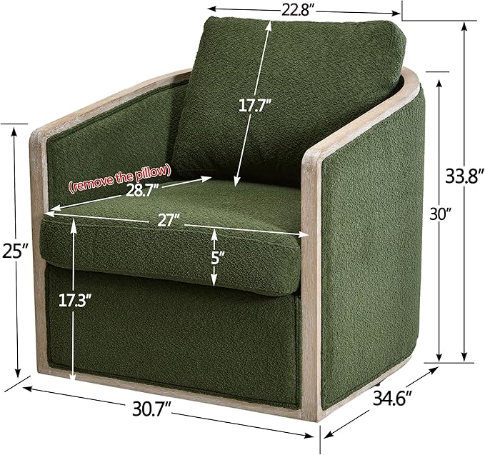KINWELL 31 W Wood Frame Modern Boucle Swivel Barrel Armchair Mid Century Upholstered Accent Sofa Chair with Pillow Back for Living Room Lounge &amp Bedroom Green