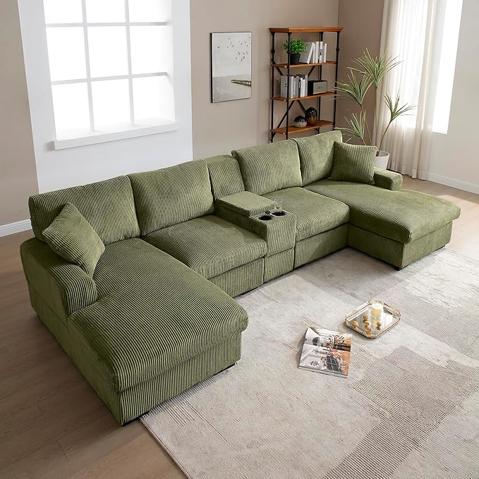 U-Shaped Sectional Cloud Sofa with Storage Console and Cupholders 126-Inch U-Shaped Symmetrical Corduroy Sectional Couch W/2 Chaise LoungesUSB-C Ports &amp 2 Pillows