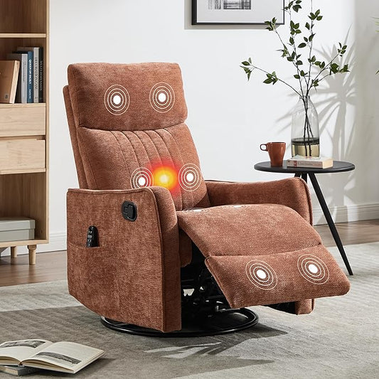 Manual Swivel Rocker Recliner Chair for Adults Overstuffed Reclining Glider Chair for Nursing with Vibration Massage &amp Heat Living Room Rocking Recliner 2-Stage backrest Chenille Fabric Orange