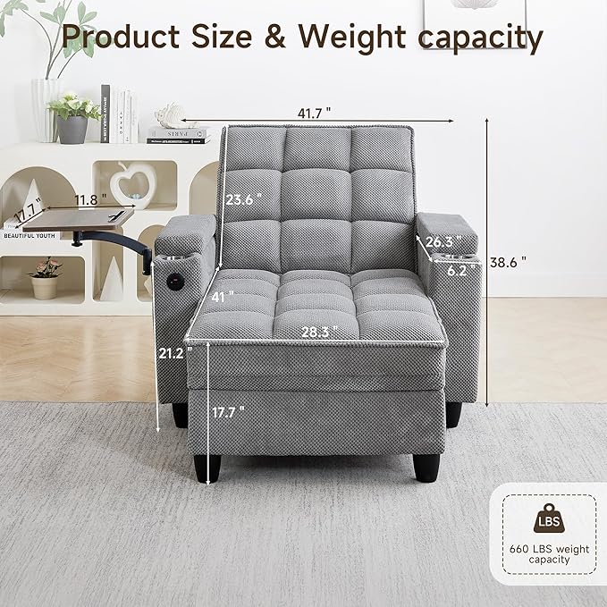 Single Modern Comfy Upholstered Chaise Lounge Sofa Chair with Rotating Side TableStoragePillowUSB Charging Ports and Adjustable Backrest Perfect for Living Room Small Spaces (Light Gray)