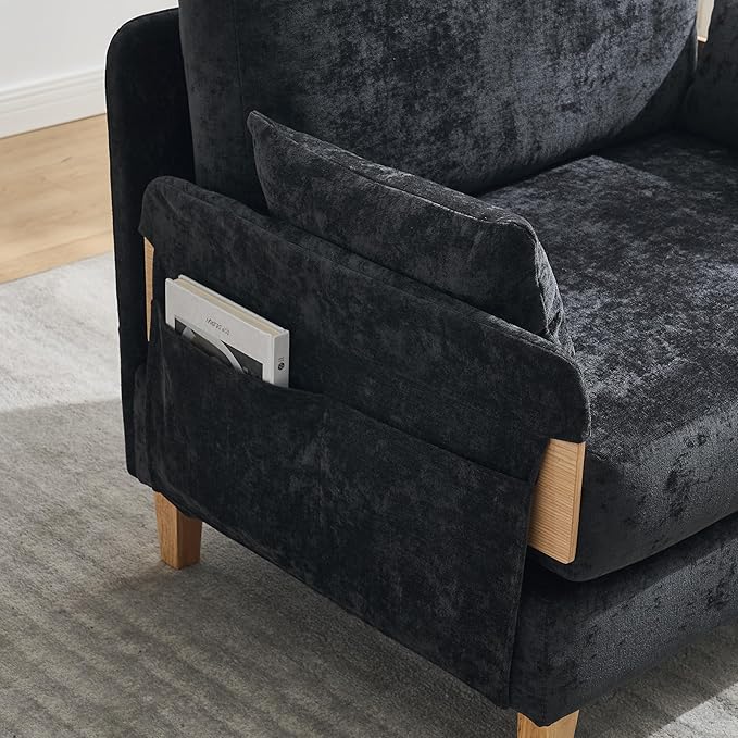 SLEERWAY Large 3 in 1 Convertible Futon Sofa Bed Chair 35 W Extra Wide Sleeper Chair Bed with Pull Out Couch Modern Chenille Chaise Lounge Armchair for Living Room Bedroom Playroom Black