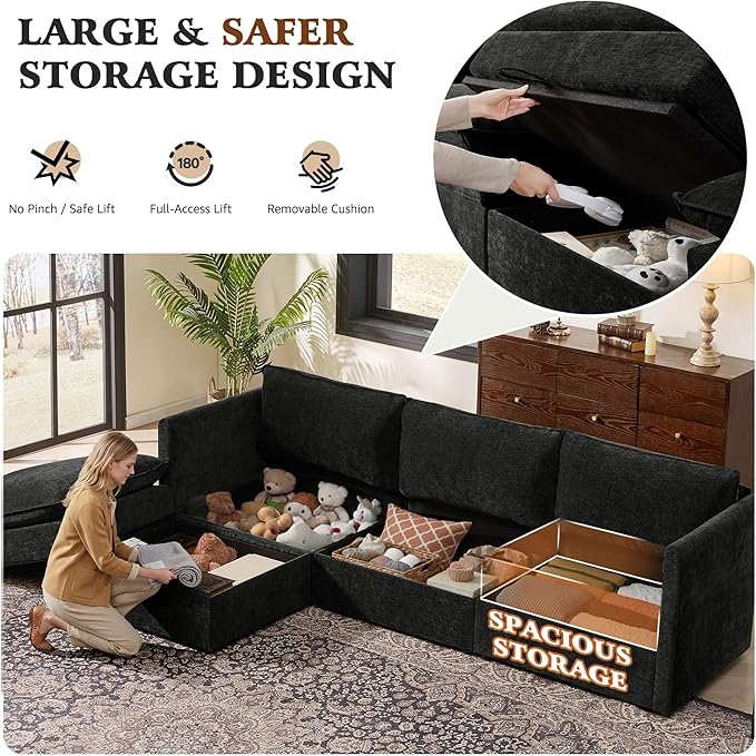 Ihanherry 103 Modular Sectional Sofa with Storage L Shaped Cloud Couch with Movable Ottomans &amp 4 Pillows Chenille Deep Seat Sectional Couches for Living Room Apartment (Black)