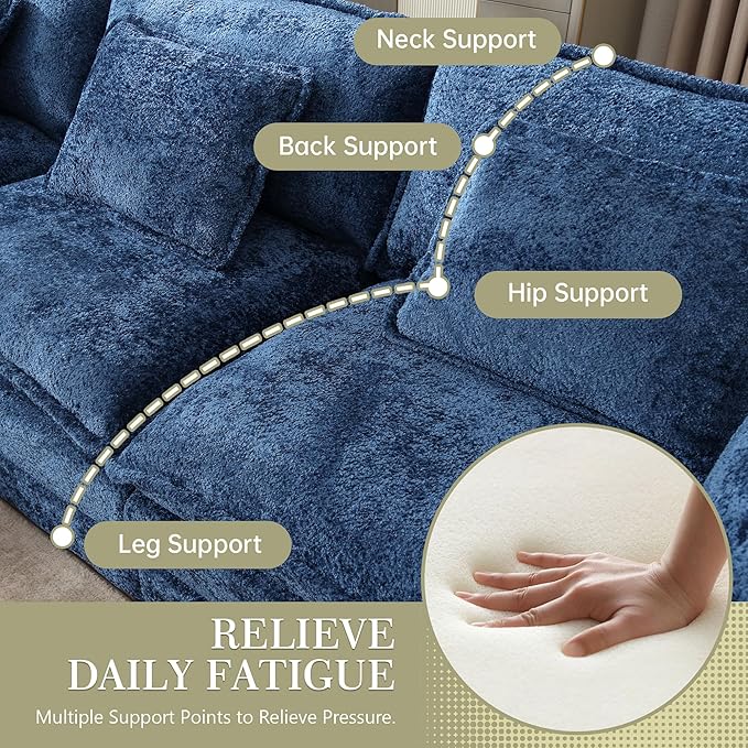 Modular Sectional Sofa Cloud Couch 112 L-Shape Sofa Chenille Comfy Upholstered with Removeable Ottoman and 3 Pillows for Living Room Navy