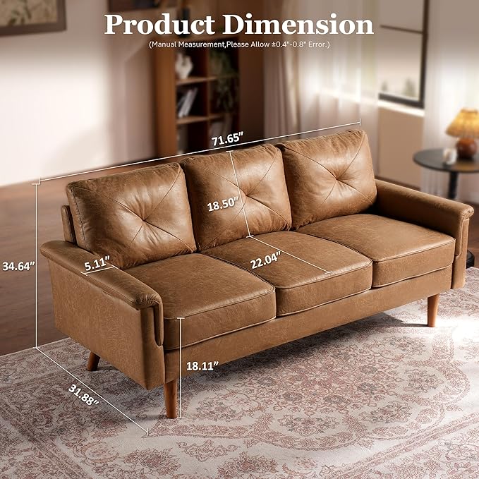 71 Faux Leather Couch Small 3-Seater Mid-Century Modern Sofas for Living Room Deep Seat Upholstered Sofa with Comfy Cushions for Apartment Light Brown