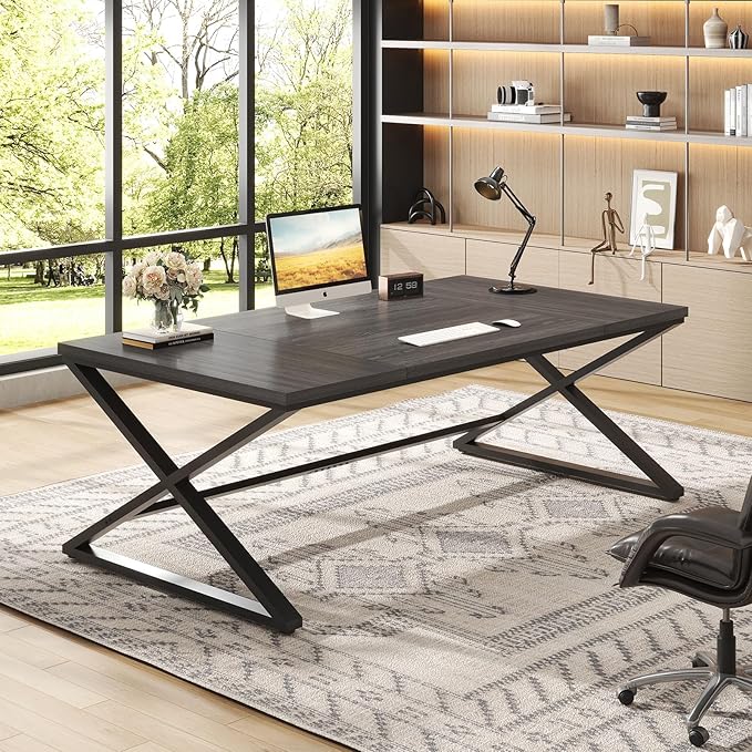 IBF 70 Inch Large Desk Long Computer Desk for Writing Study Industrial Home Office Work Executive Desk for Bedroom Wood Metal Pc Gaming Workstation Computer Table for 2 Monitors Dark Gray Oak
