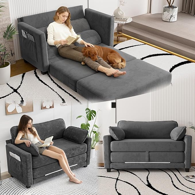 Convertible Sofa Bed Loveseat Sleeper Sofa with Side Storage &amp Solid Wood Frame Corduroy Small Couch Bed for Small Space Pull Out Floor Couch for Apartment Guest (Grey 51)