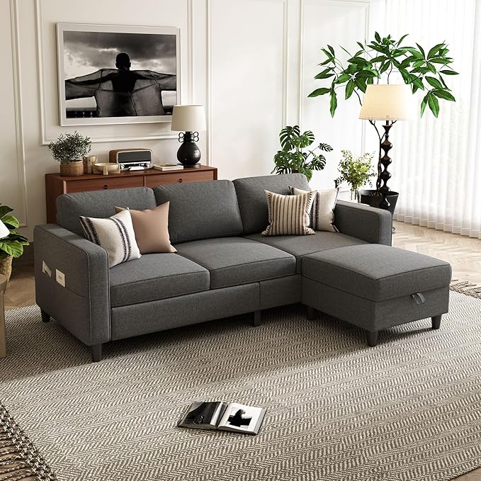 Sectional Sofa Couches for Living Room - 3-Seat Dark Gray L-Shaped Modern Sofa Couch with Reversible Storage Ottoman &amp Storage Pockets for Living Room Apartment Studio
