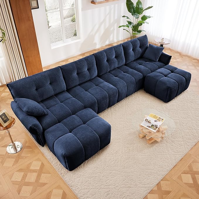 Aoowow Modular Sectional Sofa with Movable Ottoman 141.7” Chenille U Shaped Sofa Couch Upholstered Comfy 4-Seater Couches with Pillows for Living Room Apartment OfficeBlue