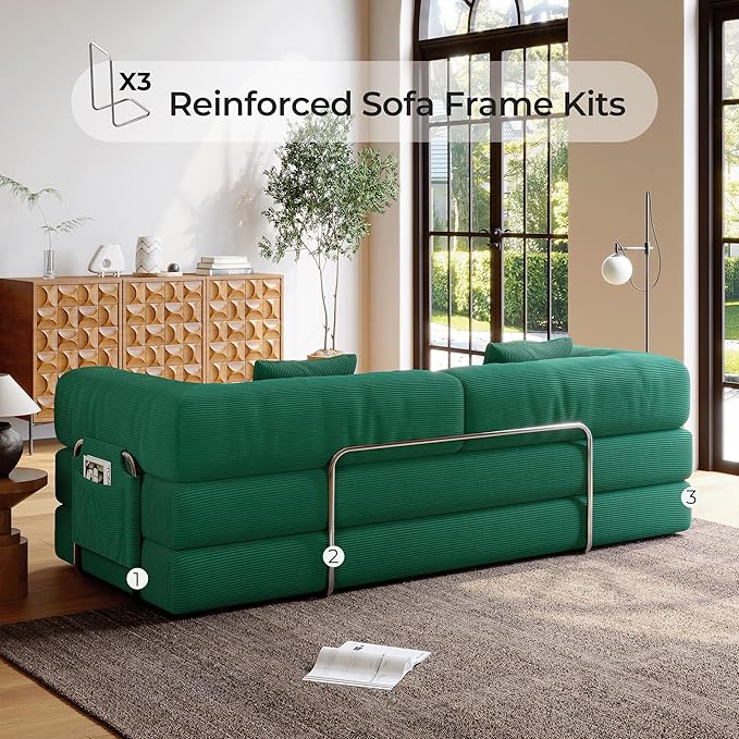 5-in-1 Folding Convertible Sofa Bed Loveseat Sleeper with Pull-Out Bed Floor Sofa Modular Futon Couch 79 Oversized Corduroy Upholstered Boneless Couch for Living Room Bedroom Lounge Green—A