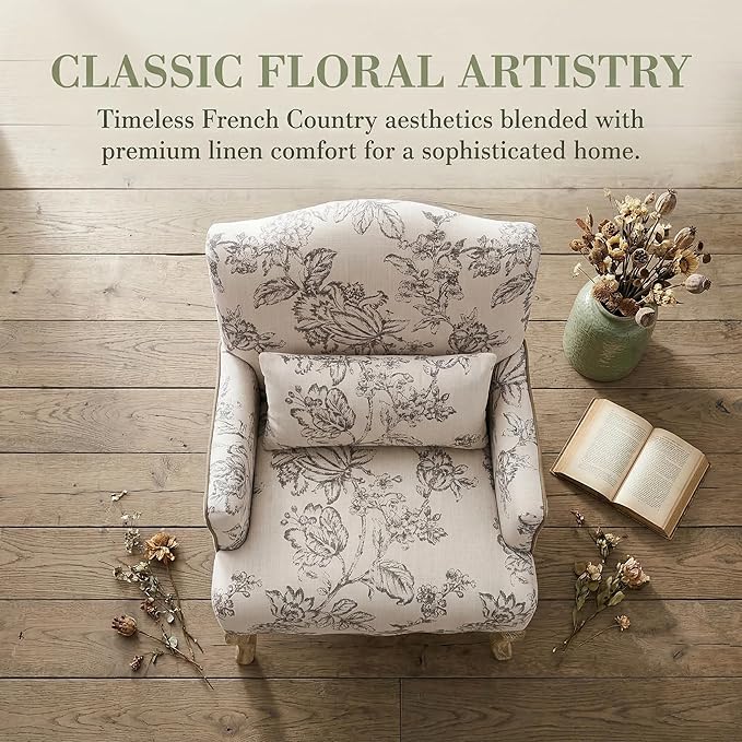 Floral Accent Chairs Set of 2 Farmhouse Upholstered Armchair Linen Reading Chair Mid Century Modern Single Sofa Chair with Pillow for Bedroom/Living Room/Fireplace Beige