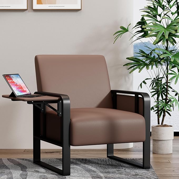 Aklaus Multifunctional Iron Frame Accent Chair with Foldable Side Table Reading Papasan Armchair with Extra Soft Cushion Oversized Chair for Living Room Office Bedroom Study (Brown Pack of 1)