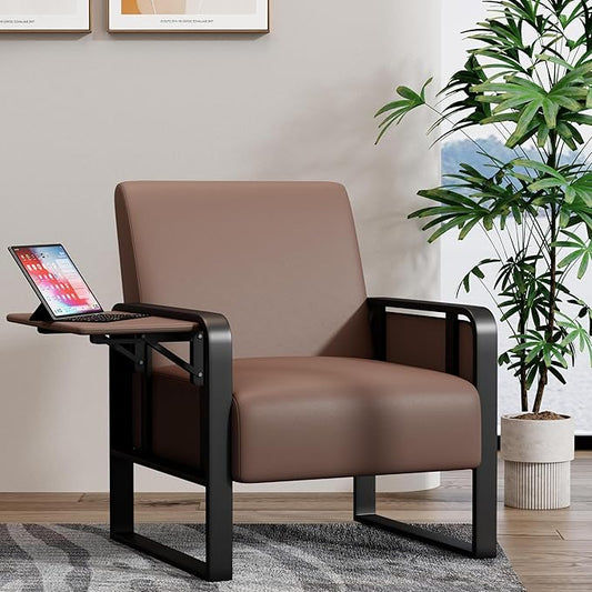 Aklaus Multifunctional Iron Frame Accent Chair with Foldable Side Table Reading Papasan Armchair with Extra Soft Cushion Oversized Chair for Living Room Office Bedroom Study (Brown Pack of 1)