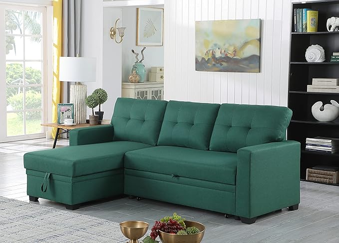 82 Sleeper Couch with Pull Out BedL-Shape Upholstered Sectional Small Sofa W/Storage ChaiseTufted Backrest Design3 Seat Linen Convertible Sofas for Living Room Apartment OfficeGreen