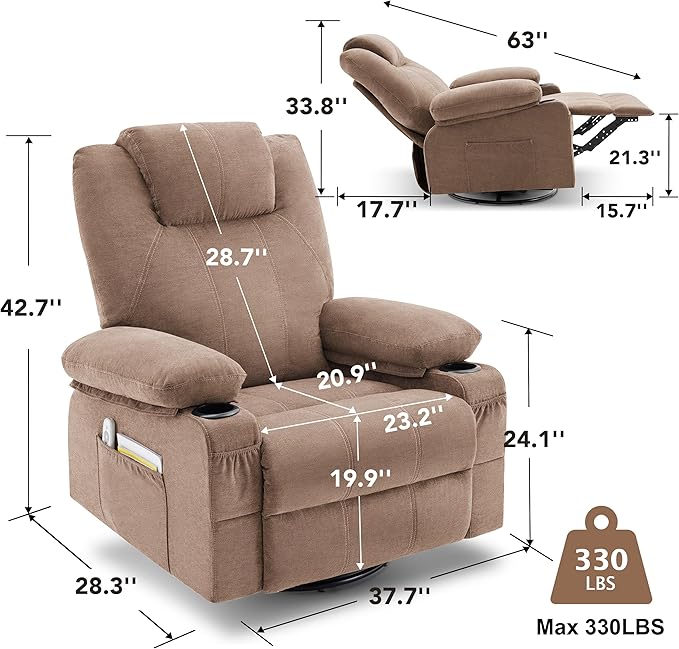 Oversized Swivel Rocker Recliner Chair with Heat and Massage Large Big Recliner Chair for Living Room 360 Degree Swivel Rocking Single Sofa with Cup Holders and USB Port(Fabric Brown)