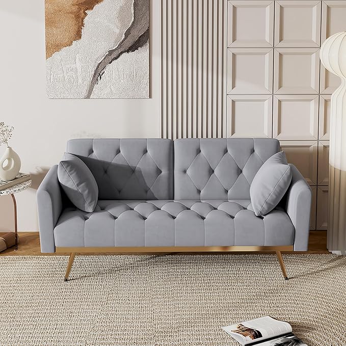 Modern Velvet 2 in 1 Futon Sofa BedConvertible Folding Sleeper Bed Couches with 2 Pillows73 Tufted Recliner Love Seat with Golden Chrome Legs for Living Room Apartment Office (Grey-New)