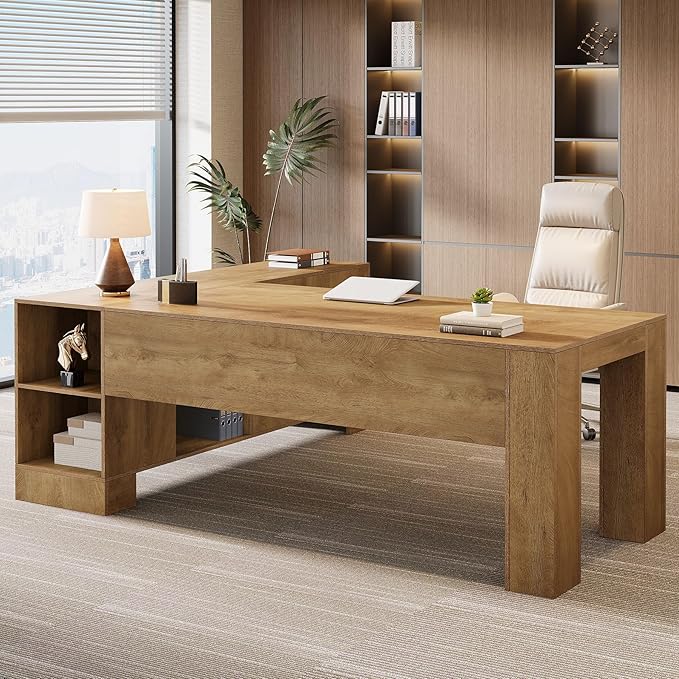 Tribesigns L-Shaped Executive Desk 78-Inch Office Desk with Storage Cabinet and 2-Tier Shelf Large Wooden Computer Writing Table Business Furniture Workstation for Home Office Brown
