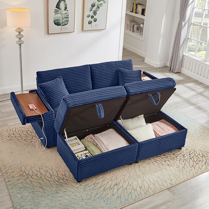 Chaise Lounge Chair Indoor 68 W Corduroy Loveseat Sectional Couch with Sorage Ottoman/Wing Table/Charge Ports/Cup Holder Modern Comfy Deep Seat Reading L-Shape Sofa for Living Room Blue