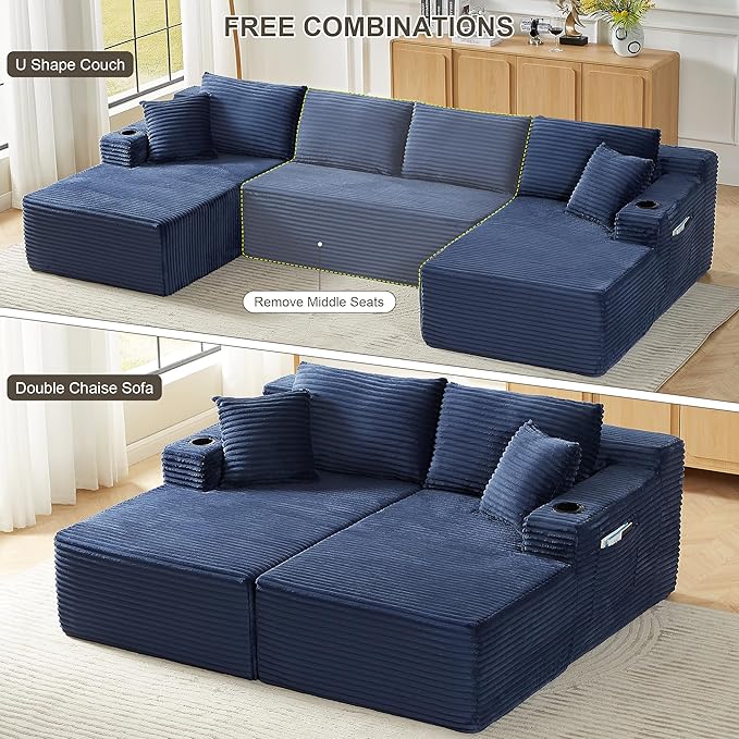 133.5 Blue Oversized U Shaped Cloud Couch Large Boneless Deep Seat Modular Sectional Sofa with Cup Holders &amp Side Pockets Modern Corduroy Foam Compressed Sofa Set for Living Room Apartment