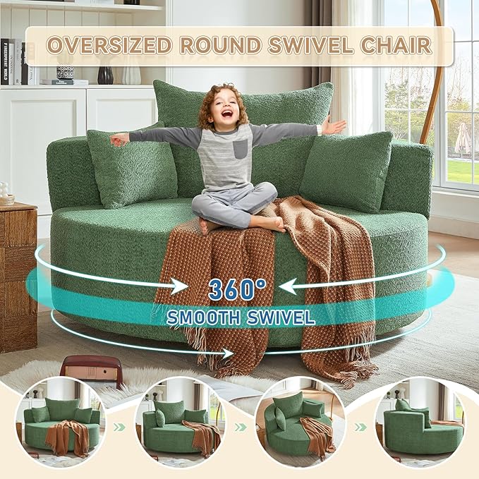 360° Swivel Barrel Chair - Oversized Round Sofa Chair and A Half with Pillows Comfy Modern Upholstered Chenille Deep Seat Circle Chaise Lounge for Living Room Bedroom Office Hotel (Moss Green)