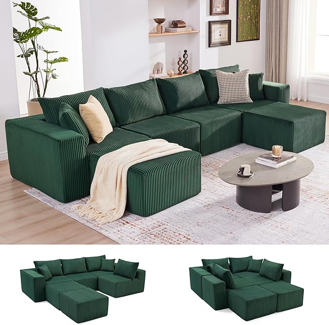 135.4 Cloud Couch Sectional Modular Sectional Sofa with Deep Seat Plush Corduroy U Shaped Boneless Couch Convertible Sectional Couches for Living Room 6Seat Green