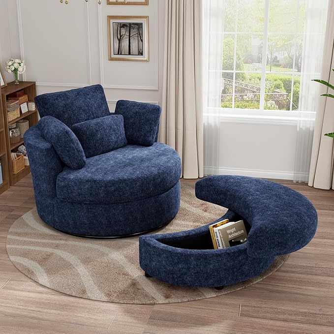 Oversized Swivel Chair and A Half with Ottoman Cozy Round Circle Chair Modern Big Comfy Accent Barrel Chairs with Pillows Comfy Chaise Lounge Adults Reading Armchair for Living Room Bedroom Navy